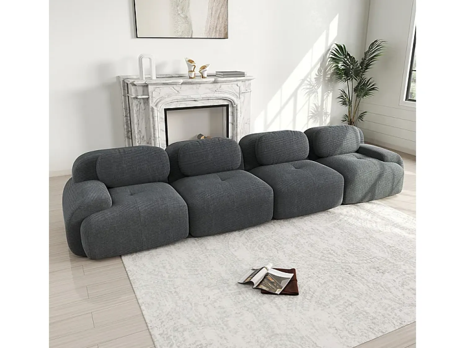Sofá* Sofá 4 Lugares Modular de Veludo Cannelado - com 4 Almofadas - 388x103x75cm - Cinza Cinzento