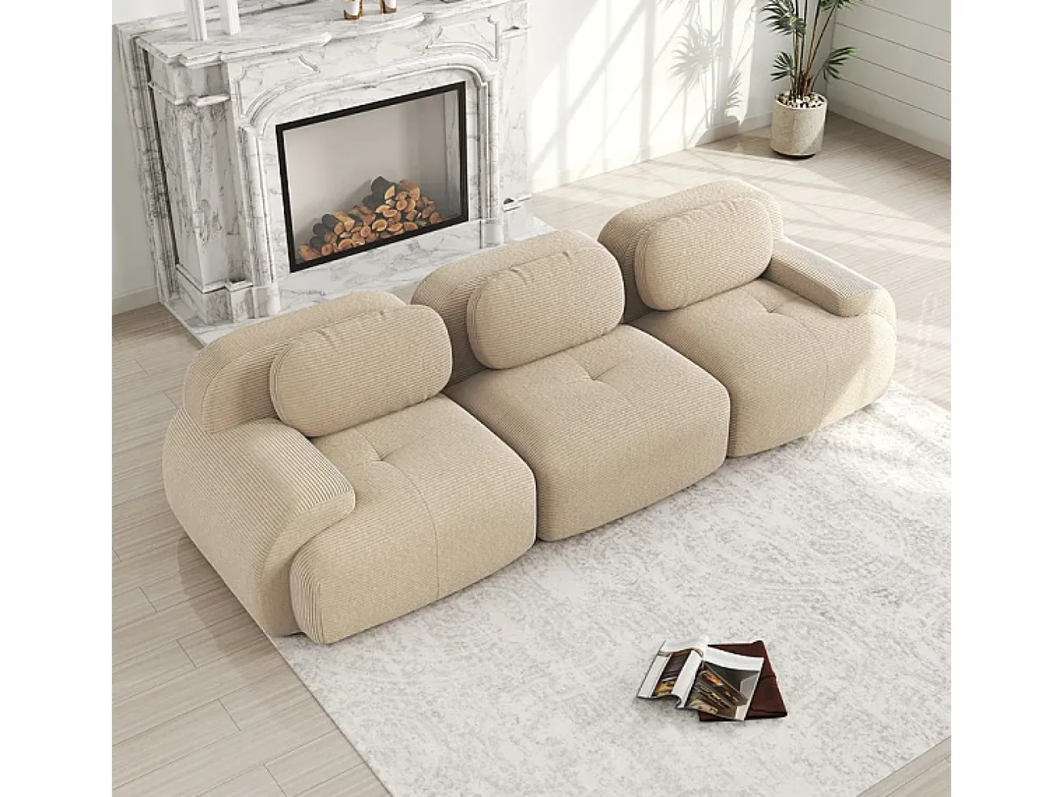 Sofá 3 Lugares Modular de Veludo Cannelado - com 3 Almofadas - 298x103x75cm - Bege