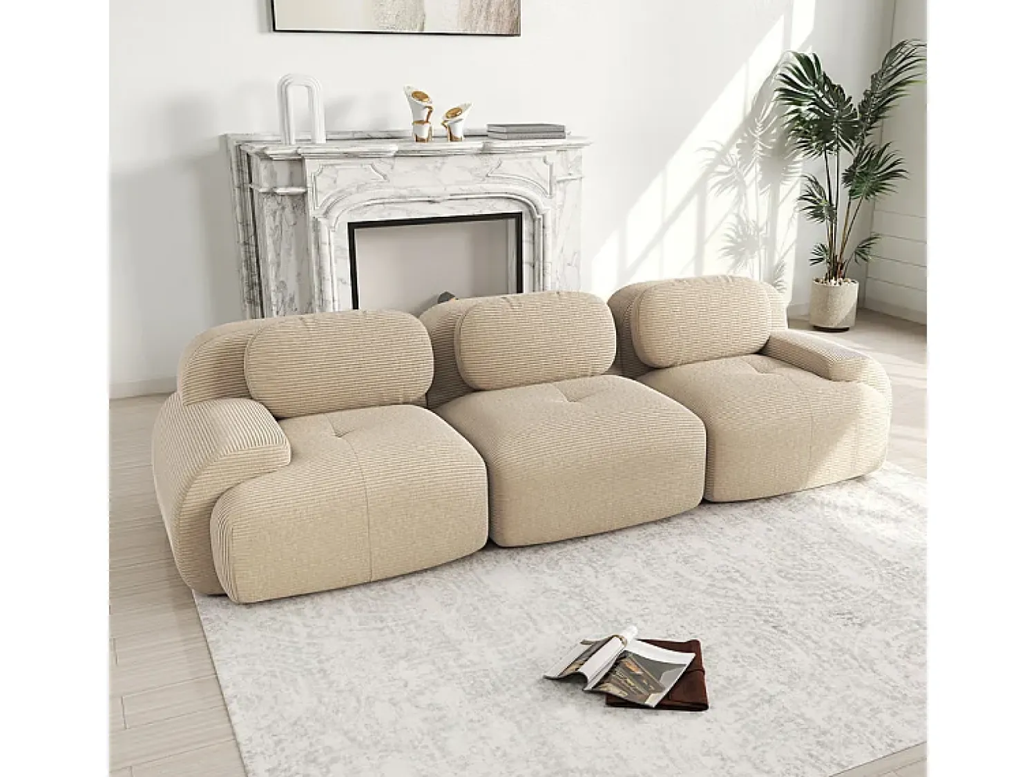 Sofá 3 Lugares Modular de Veludo Cannelado - com 3 Almofadas - 298x103x75cm - Bege