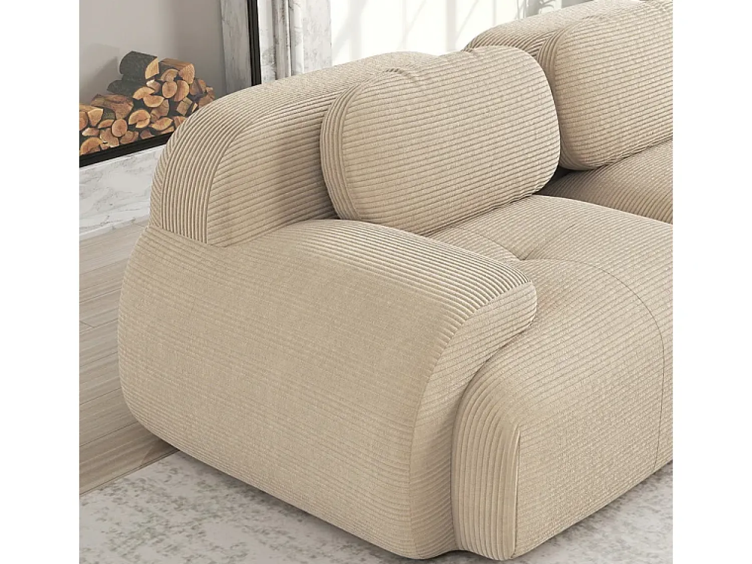 Sofá 3 Lugares Modular de Veludo Cannelado - com 3 Almofadas - 298x103x75cm - Bege