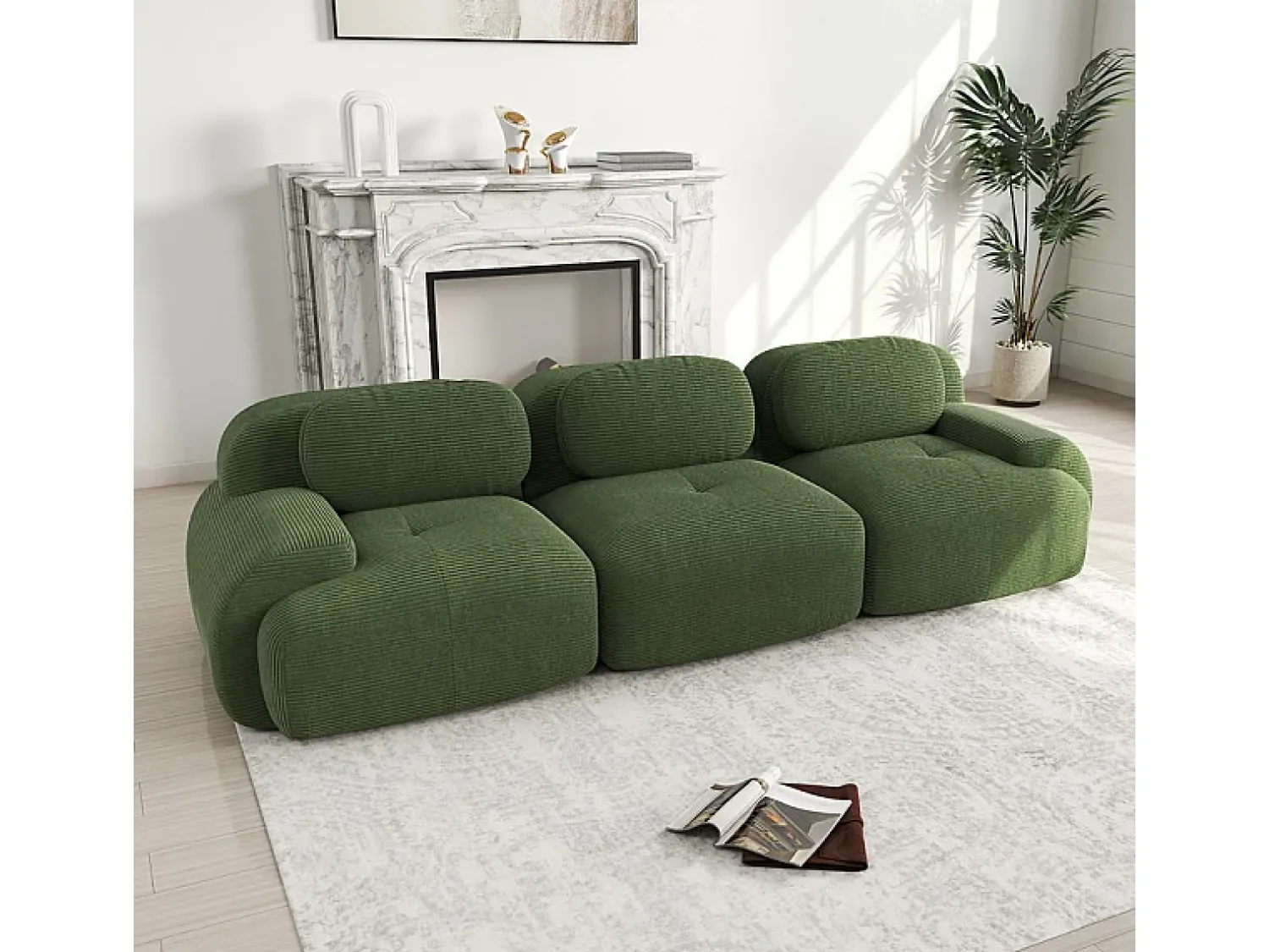 Sofá* Sofá 3 Lugares Modular de Veludo Cannelado - com 3 Almofadas - 298x103x75cm - Verde