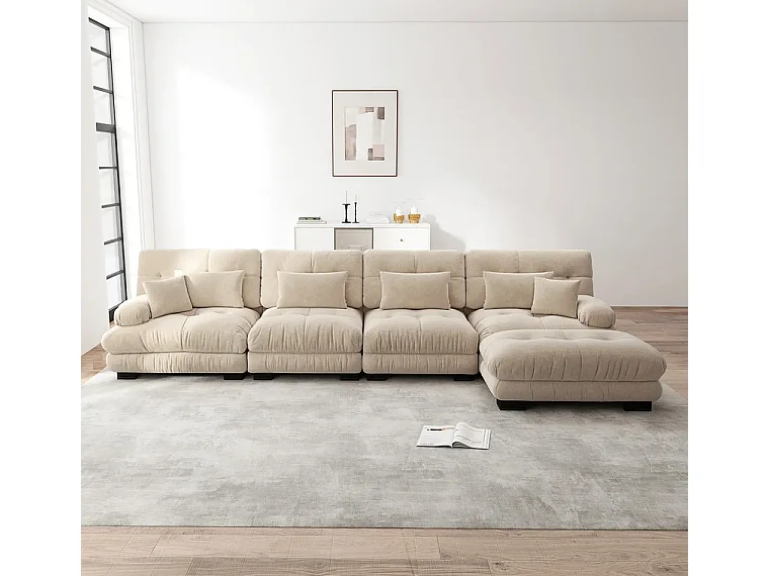 DripeX Sofá angular 4 lugares em tecido Chenille, com 6 almofadas, puff removível, combinação DIY, 406x145x81cm, Cinza Cinzento