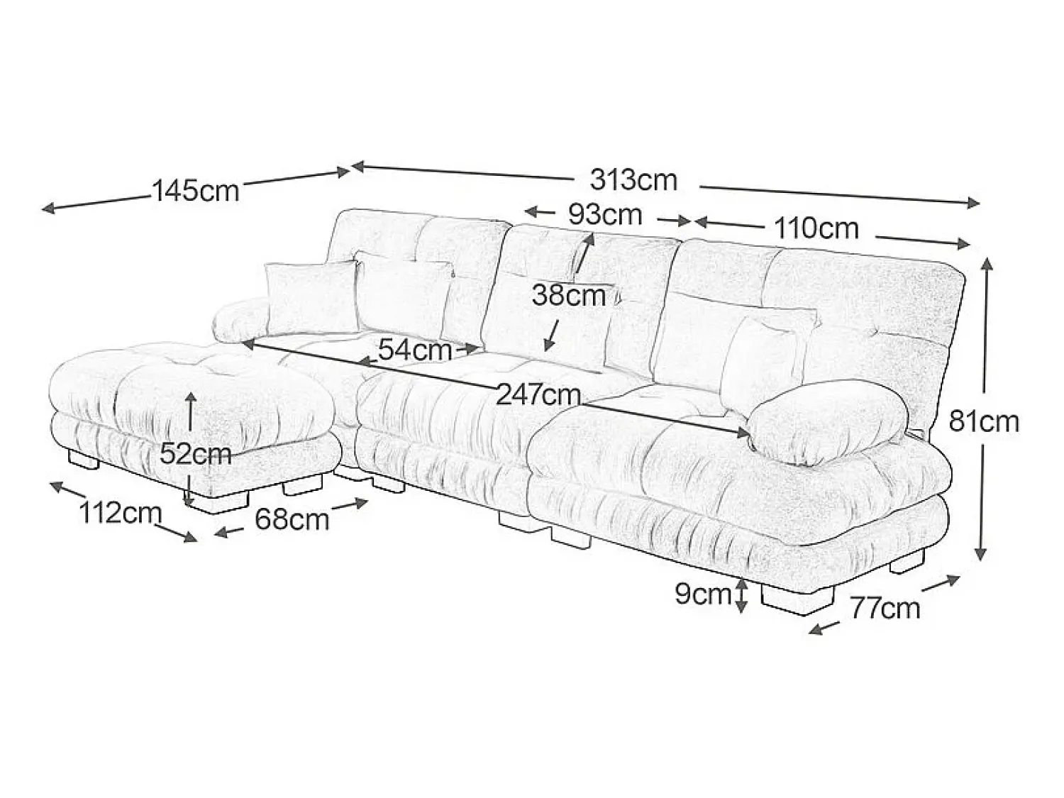 Sofá*DripeX Sofá angular 3 lugares em tecido Chenille, com 5 almofadas, puff removível, combinação DIY, 313x145x81cm, Bege