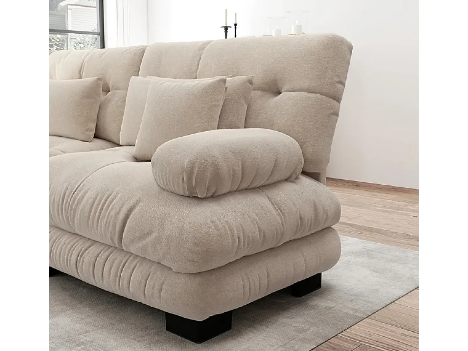 Sofá*DripeX Sofá angular 3 lugares em tecido Chenille, com 5 almofadas, puff removível, combinação DIY, 313x145x81cm, Bege