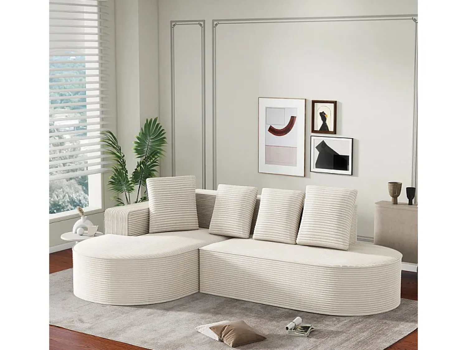 Clearance DripeX Sofá angular esquerdo de Veludo de canelura larga com 4 almofadas - 265x67x40,5cm - Branco