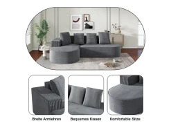 DripeX Sofá angular esquerdo de Veludo de canelura larga com 4 almofadas - 265x67x40,5cm - Cinza Cinzento