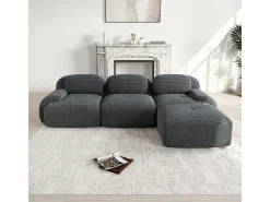 Sofá*DripeX Sofá angular modular 3 lugares - de Veludo cotelê - com 3 almofadas e puff - 298x178x75cm - Cinza Cinzento