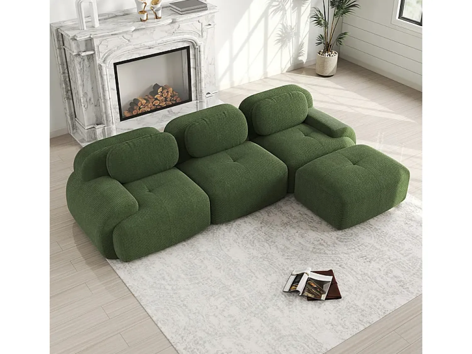 Sofá*DripeX Sofá angular modular 3 lugares - de Veludo cotelê - com 3 almofadas e puff - 298x178x75cm - Verde