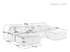 Sofá*DripeX Sofá angular modular 3 lugares - de Veludo cotelê - com 3 almofadas e 2 puffs - 298x178x75cm - Bege
