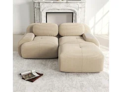 DripeX Sofá angular modular 2 lugares - de Veludo cotelê - com 2 almofadas e puff - ergonómico - 208x178x75cm - Bege