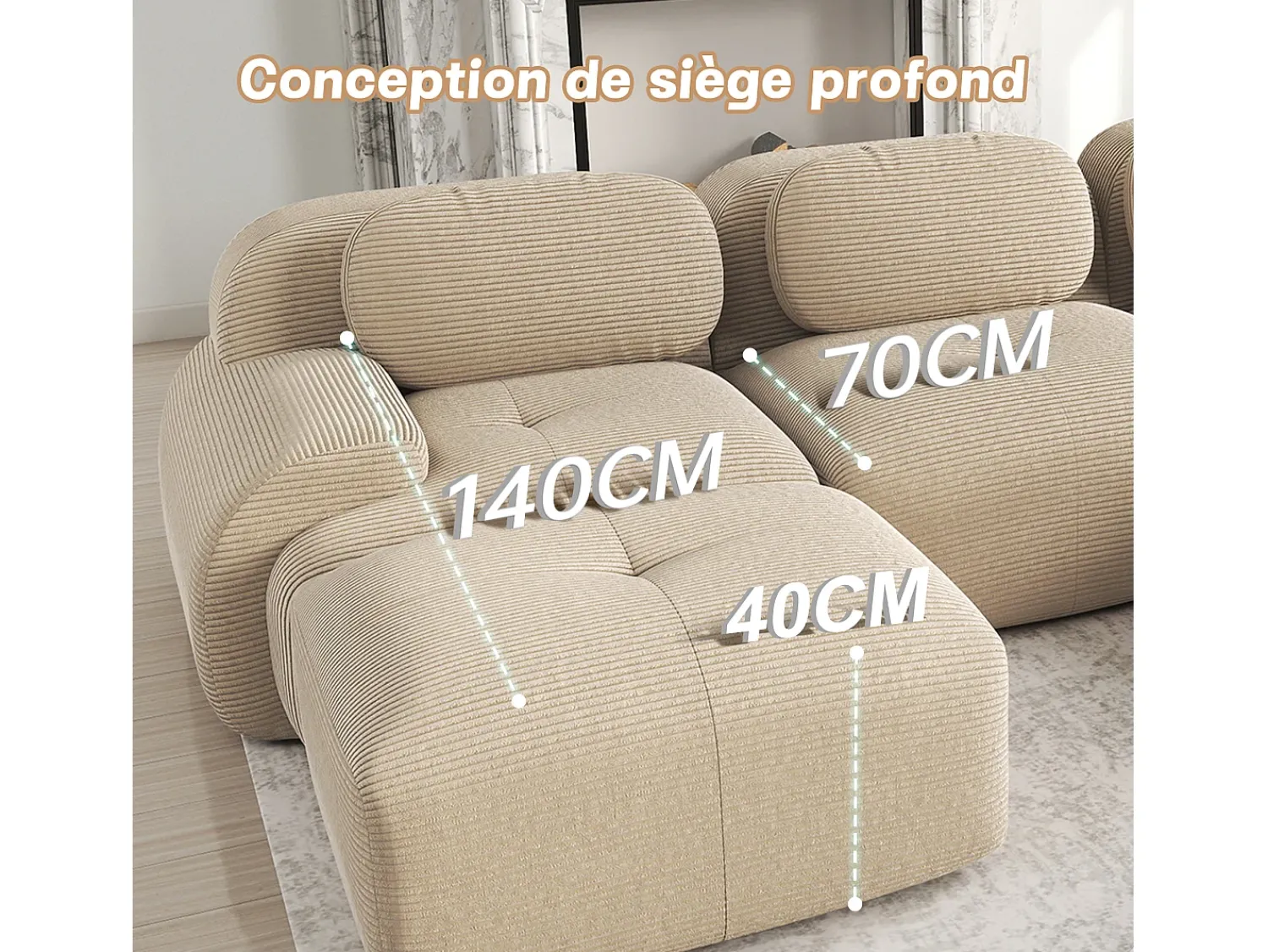 DripeX Sofá angular modular 4 lugares - de Veludo cotelê - com 4 almofadas e puff - 388x178x75cm -^ Sofá