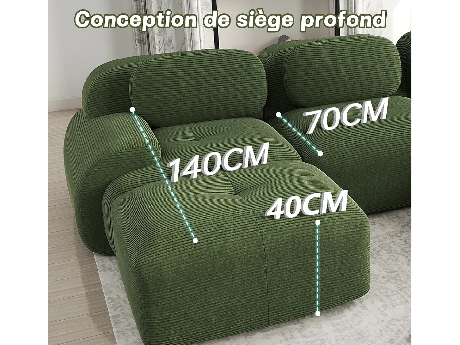 Sofá*DripeX Sofá angular modular 4 lugares - de Veludo cotelê - com 4 almofadas e puff - 388x178x75cm - Verde