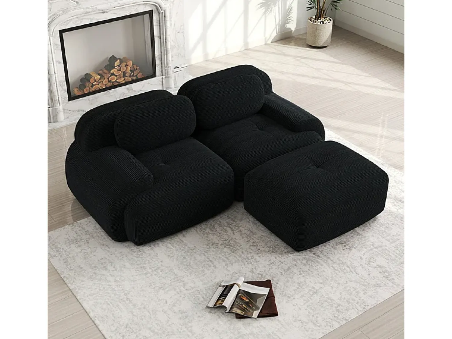 New DripeX Sofá angular modular 2 lugares - de Veludo cotelê - com 2 almofadas e puff - ergonómico - 208x178x75cm - Preto