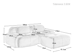 New DripeX Sofá angular modular 2 lugares - de Veludo cotelê - com 2 almofadas e puff - ergonómico - 208x178x75cm - Preto