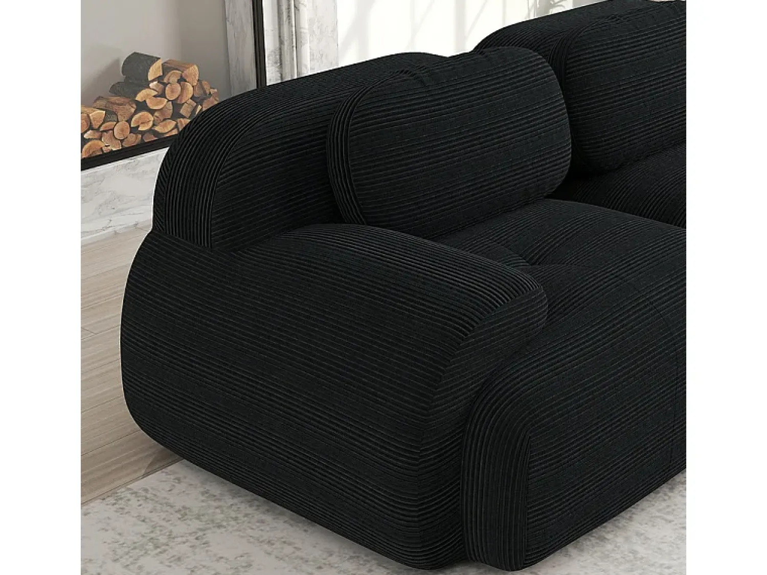 New DripeX Sofá angular modular 2 lugares - de Veludo cotelê - com 2 almofadas e puff - ergonómico - 208x178x75cm - Preto