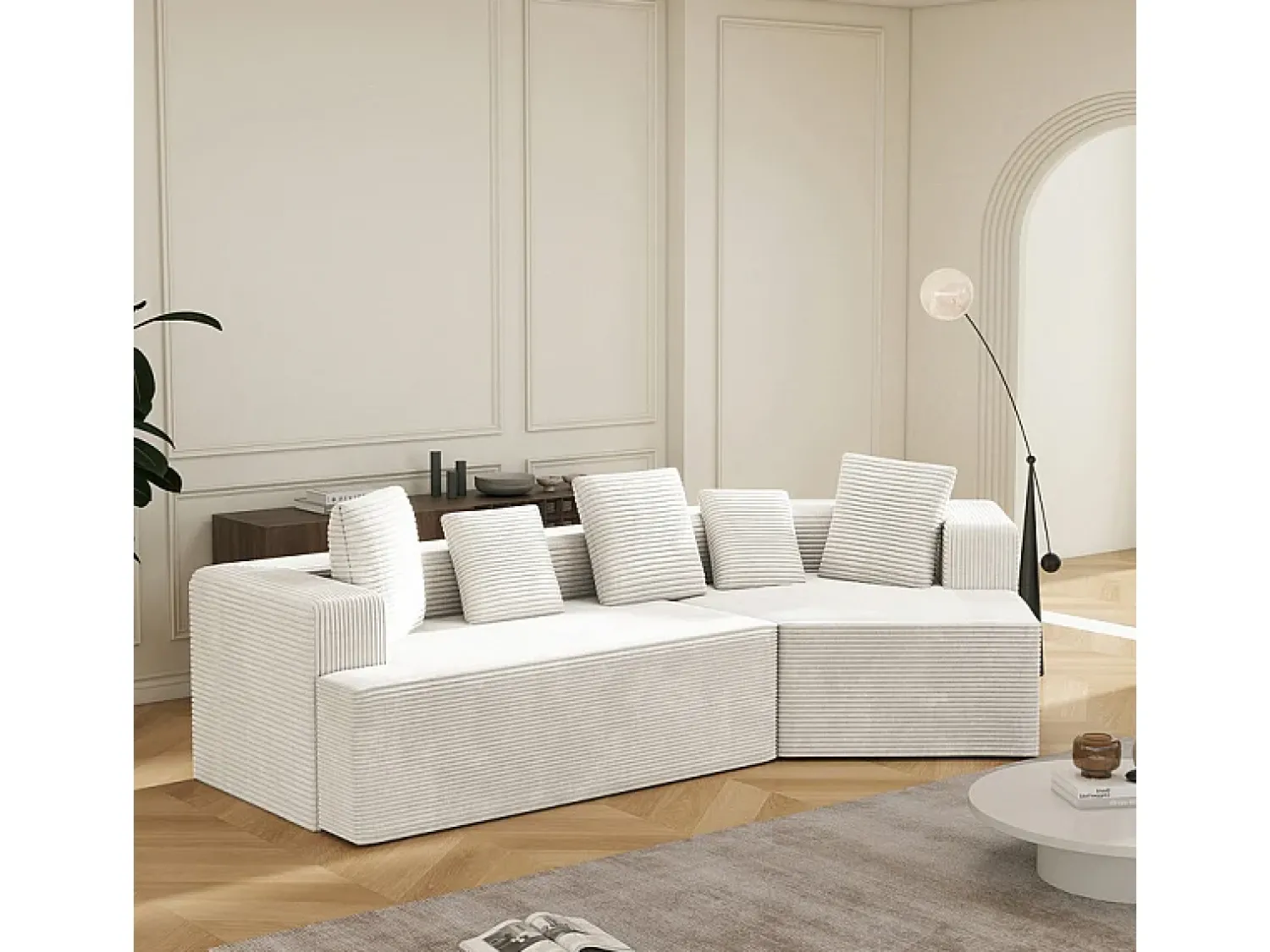 DripeX Sofá angular reto modular 307cm - de Veludo de canelura larga - 3 lugares - com 5 almofadas -^ Sofá