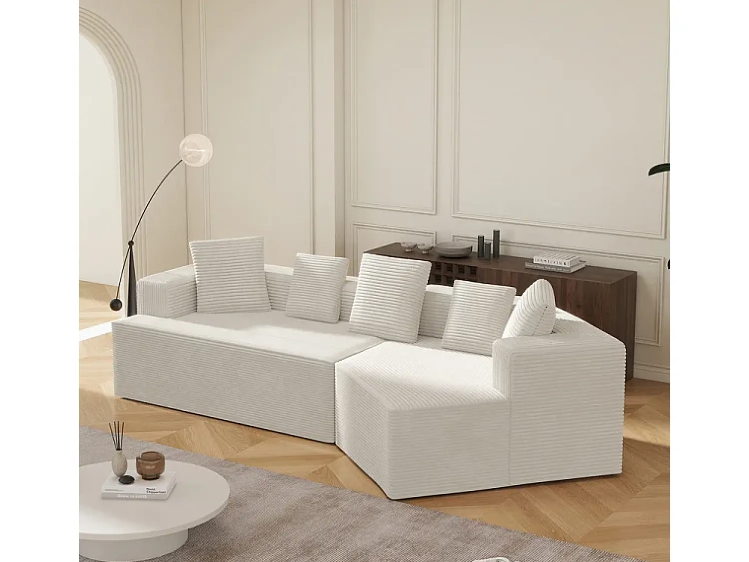 DripeX Sofá angular reto modular 307cm - de Veludo de canelura larga - 3 lugares - com 5 almofadas -^ Sofá