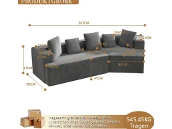 Sofá|DripeX Sofá angular reto modular 307cm - de Veludo de canelura larga - 3 lugares - com 5 almofadas - Cinza Cinzento
