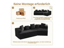 Sofá*DripeX Sofá angular reto modular 307cm - de Veludo de canelura larga - 3 lugares - com 5 almofadas - Preto