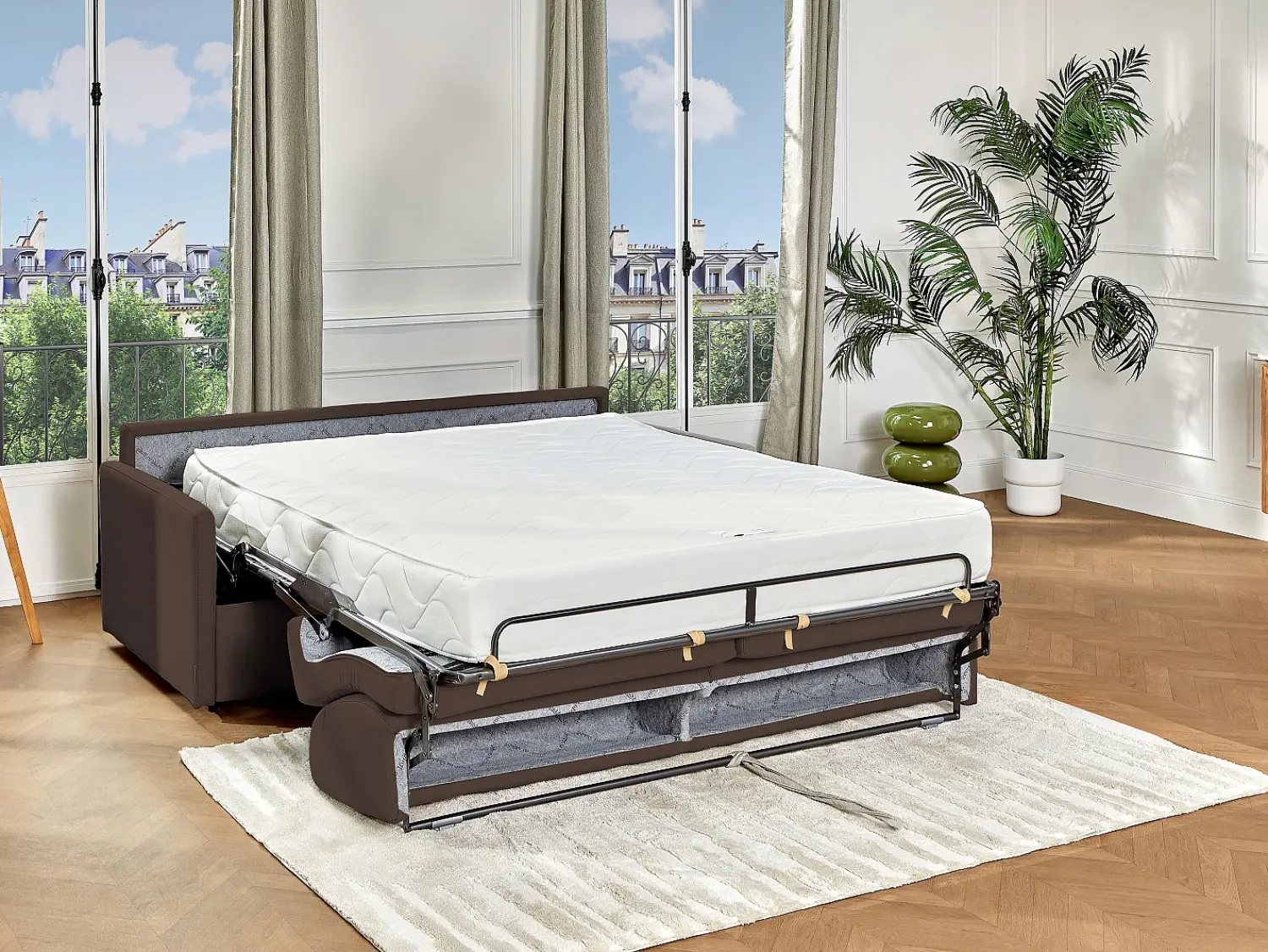 Sofá|Vente-unique Sofá cama 3 lugares colchão de 22 cm tecido cinzento CALIFE Castanho