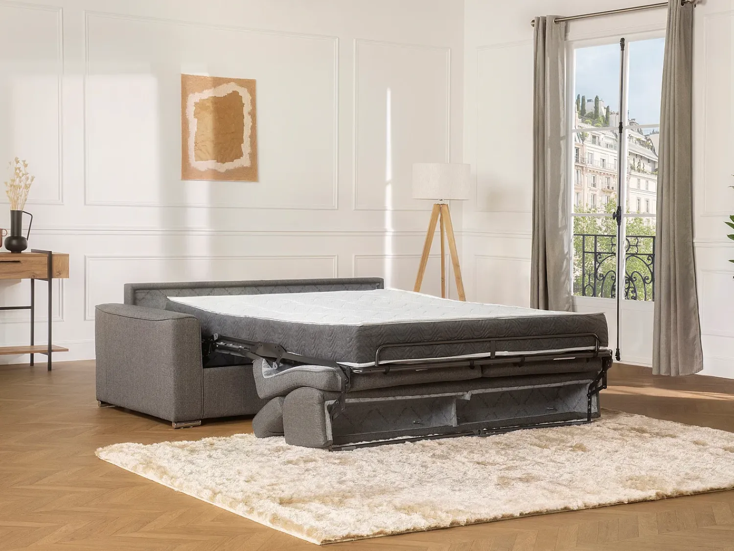 Sofá|Vente-unique Sofá cama 4 lugares colchão de 22 cm tecido VIZIR Cinzento
