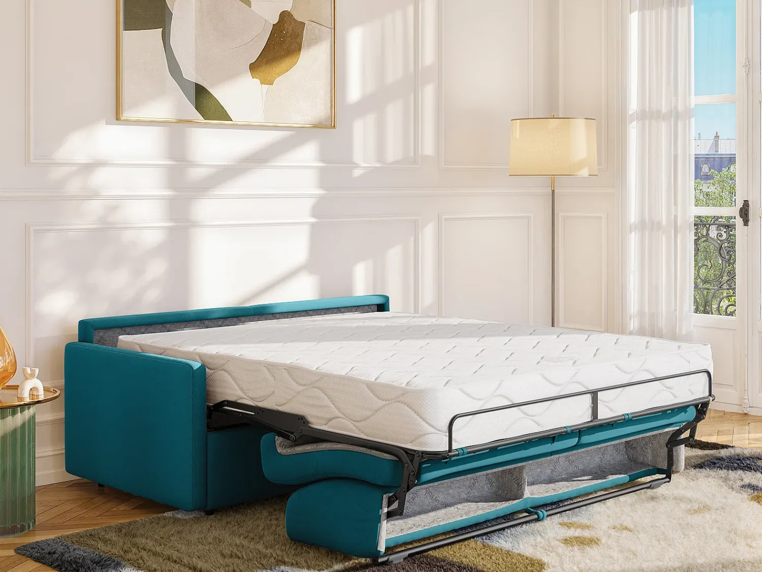 Sofá|Vente-unique Sofá cama 3 lugares colchão de 22 cm tecido cinzento CALIFE Azul turquesa