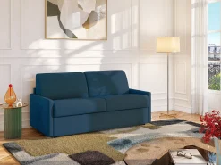 Sofá|Vente-unique Sofá cama 2 lugares rapidamente convertível 22 cm tecido cinzento CALIFE Azul escuro