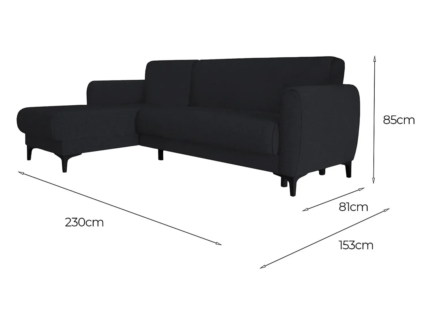 New Dmora Sofá cama Dabazo, Sofá cama de canto com península reversível, Sofá moderno com chaiselongue e 3 almofadas, 230x153h85 cm, Azul
