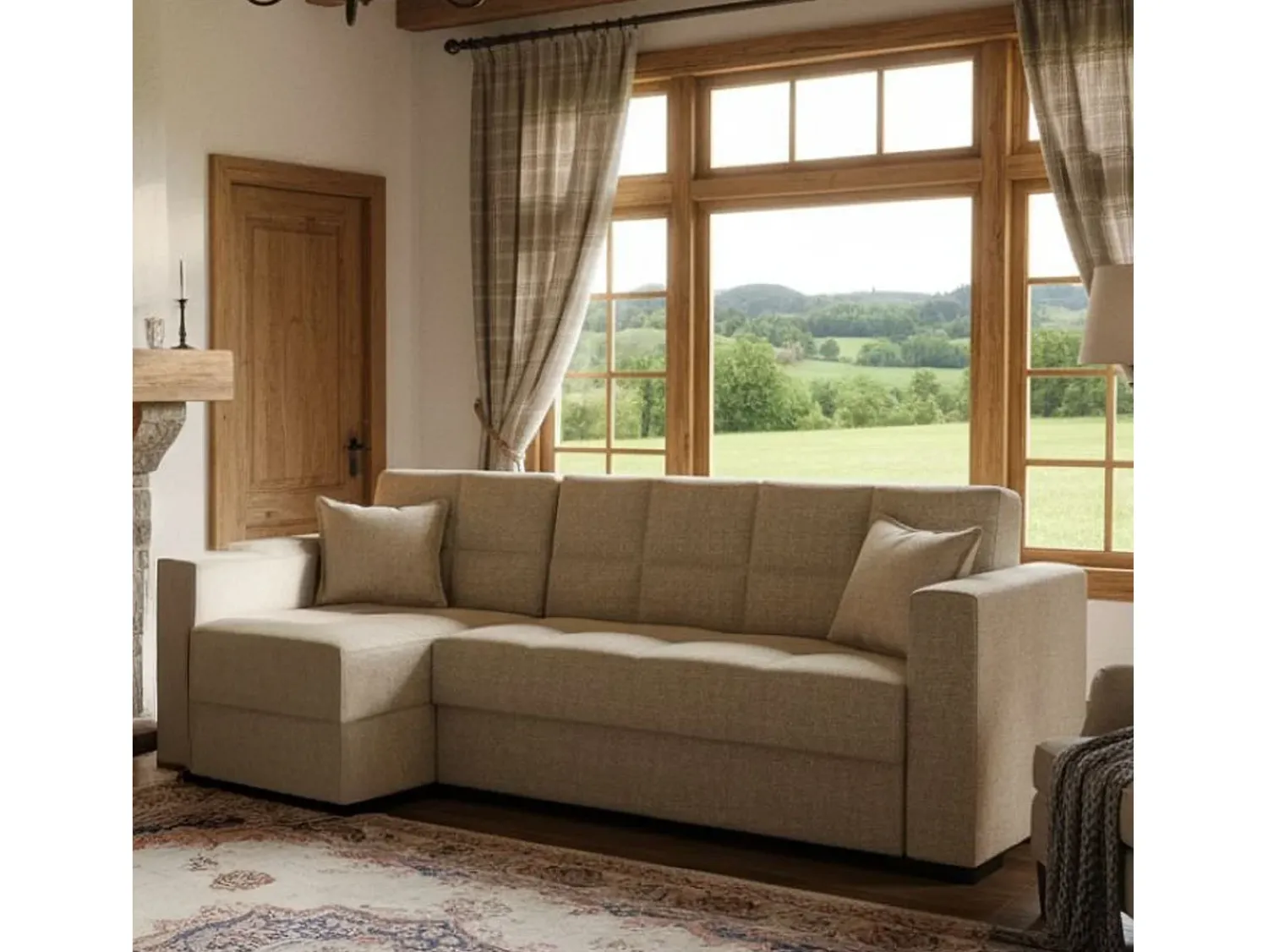 New Dmora Sofá cama Ddajca, Sofá cama de canto com península reversível, Sofá de arrumação para sala com chaislongue e 2 almofadas, 230x150h81 cm, Bege