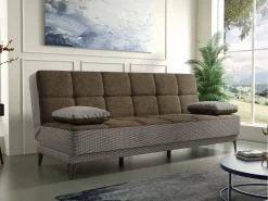 Sofá|Dmora Sofá cama Dfortin, sofá cama de 3 lugares com pés de metal preto, Sofá da sala em tecido estofado com abertura click-clack, 190x87h97 cm, Cinza e Marrom Cinzento