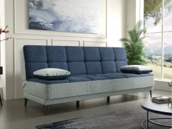 Dmora Sofá cama Jordi, sofá cama de 3 lugares com pés de metal preto, Sofá da sala em tecido acolchoado com abertura click-clack, 190x87h97 cm, Cinza e Azul Cinzento