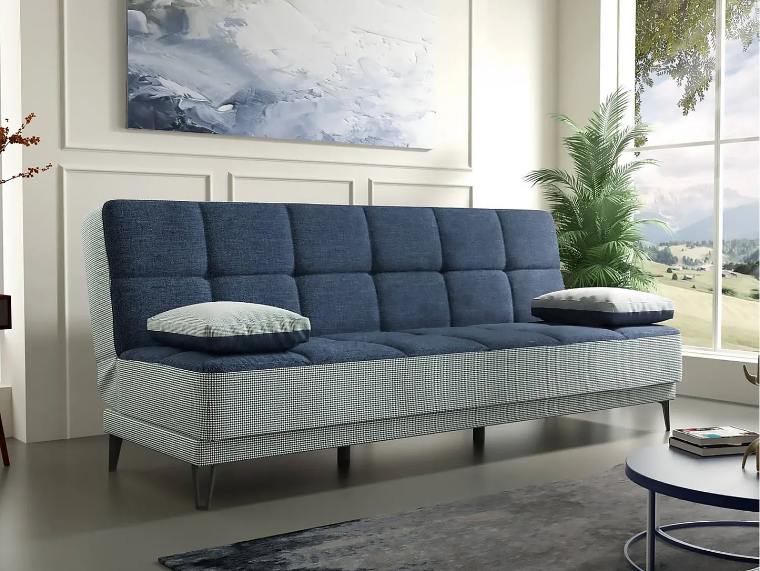 Dmora Sofá cama Jordi, sofá cama de 3 lugares com pés de metal preto, Sofá da sala em tecido acolchoado com abertura click-clack, 190x87h97 cm, Cinza e Azul Cinzento
