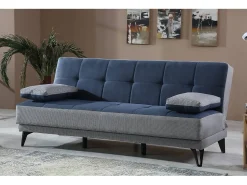 Dmora Sofá cama Jordi, sofá cama de 3 lugares com pés de metal preto, Sofá da sala em tecido acolchoado com abertura click-clack, 190x87h97 cm, Cinza e Azul Cinzento