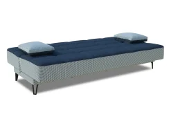 Dmora Sofá cama Jordi, sofá cama de 3 lugares com pés de metal preto, Sofá da sala em tecido acolchoado com abertura click-clack, 190x87h97 cm, Cinza e Azul Cinzento