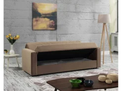 Sofá|Dmora Sofá cama Jorge, sofá cama container linear de 3 lugares com 2 almofadas incluídas, Sofá da sala em tecido acolchoado com abertura click-clack, 214x81xh89 cm, Bege