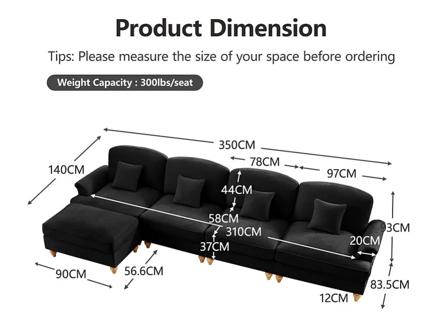 New DripeX Sofá Cantinho Modular 4 Lugares em L - Chenille - Capa Removível e Puf - 350x140x93cm - Preto