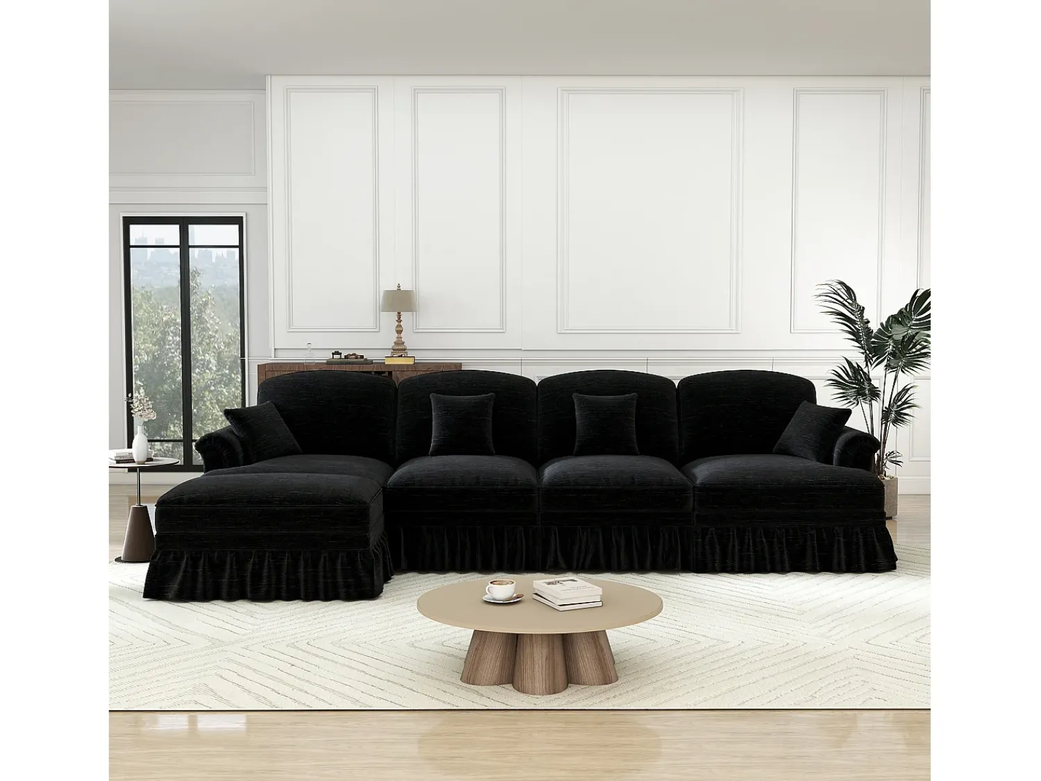 New DripeX Sofá Cantinho Modular 4 Lugares em L - Chenille - Capa Removível e Puf - 350x140x93cm - Preto