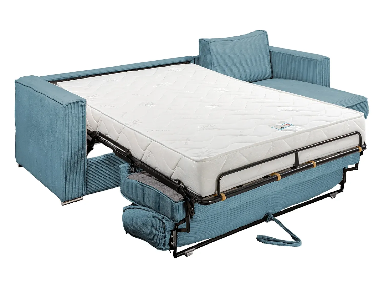 Sofá*Vente-unique Sofá canto convert. abert. ráp. veludo canelado azul-turquesa cama 160cm esp. 22cm LORETO Azul turquesa
