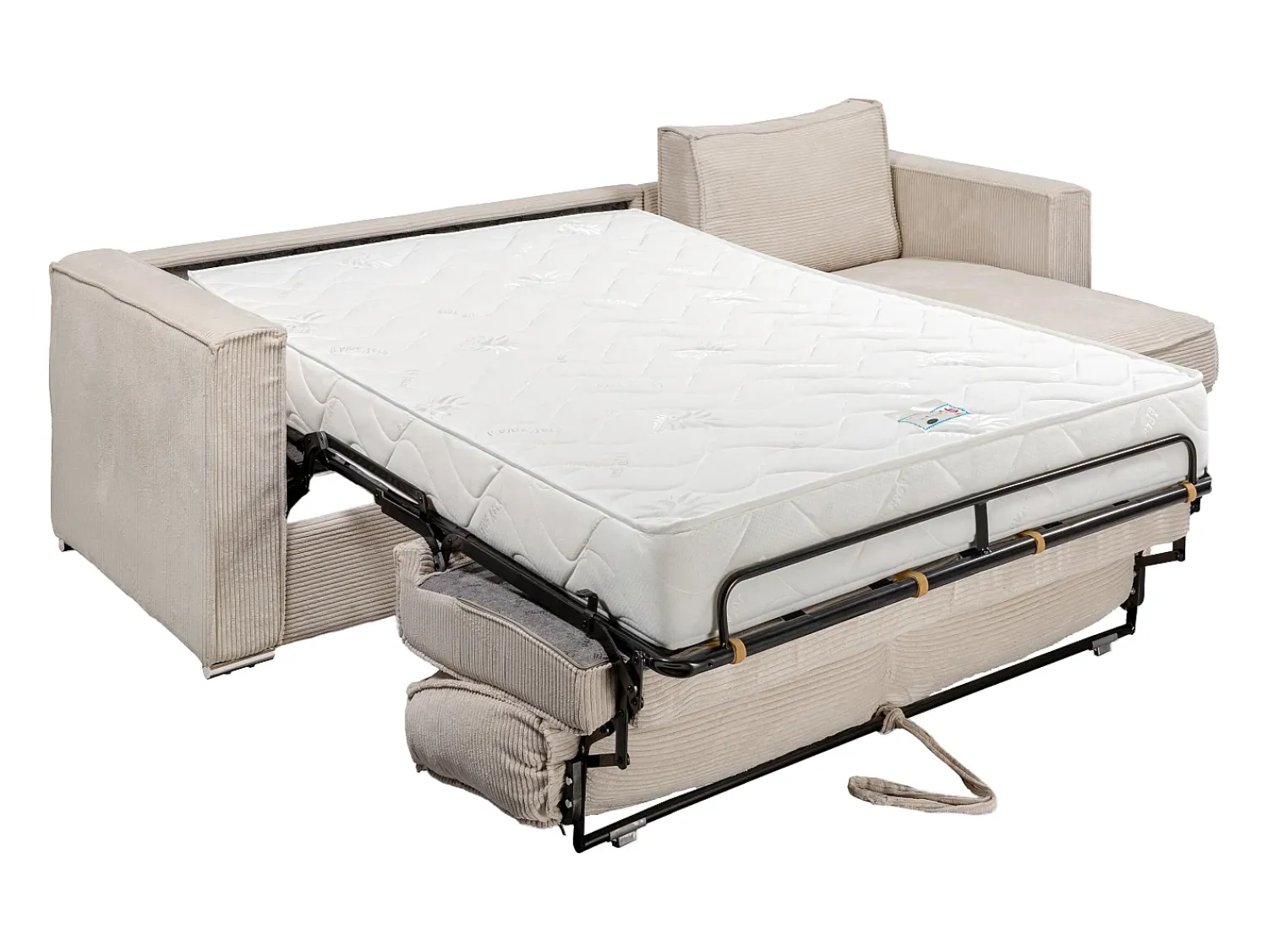 Clearance Vente-unique Sofá canto convert. abert. ráp. veludo canelado cama 160cm esp. 22cm LORETO Bege