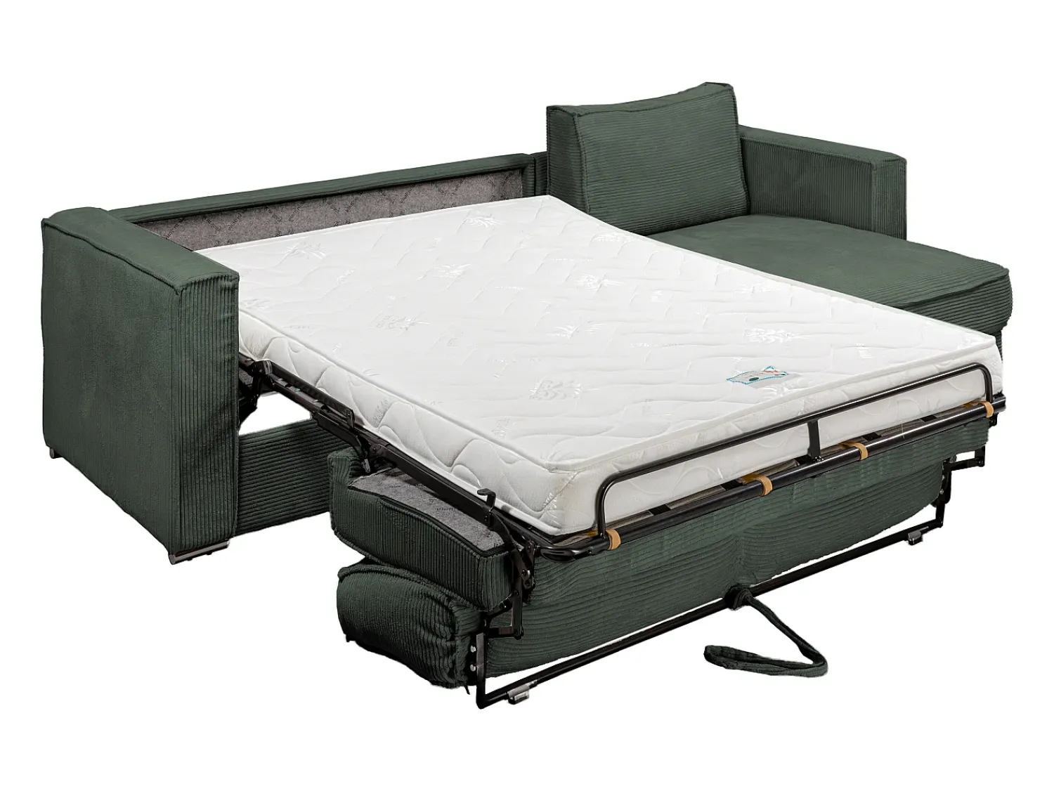 Best Vente-unique Sofá canto convert. abert. ráp. veludo canelado verde, cama ripas largas 140cm LORETO Verde pinho