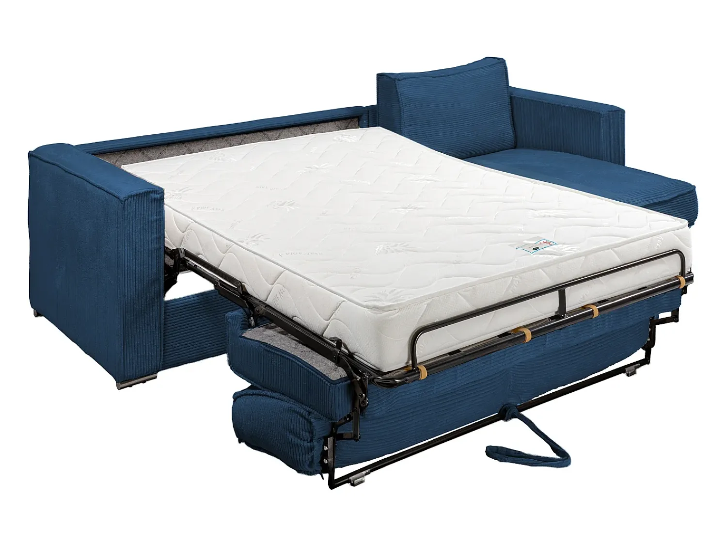 Sofá*Vente-unique Sofá canto convert. abert. ráp. veludo canelado azul-escuro cama ripas largas 140cm LORETO Azul escuro
