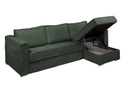 Vente-unique Sofá canto convert. abert. ráp. veludo canelado verde cama 160cm esp. 18cm LORETO^ Sofá