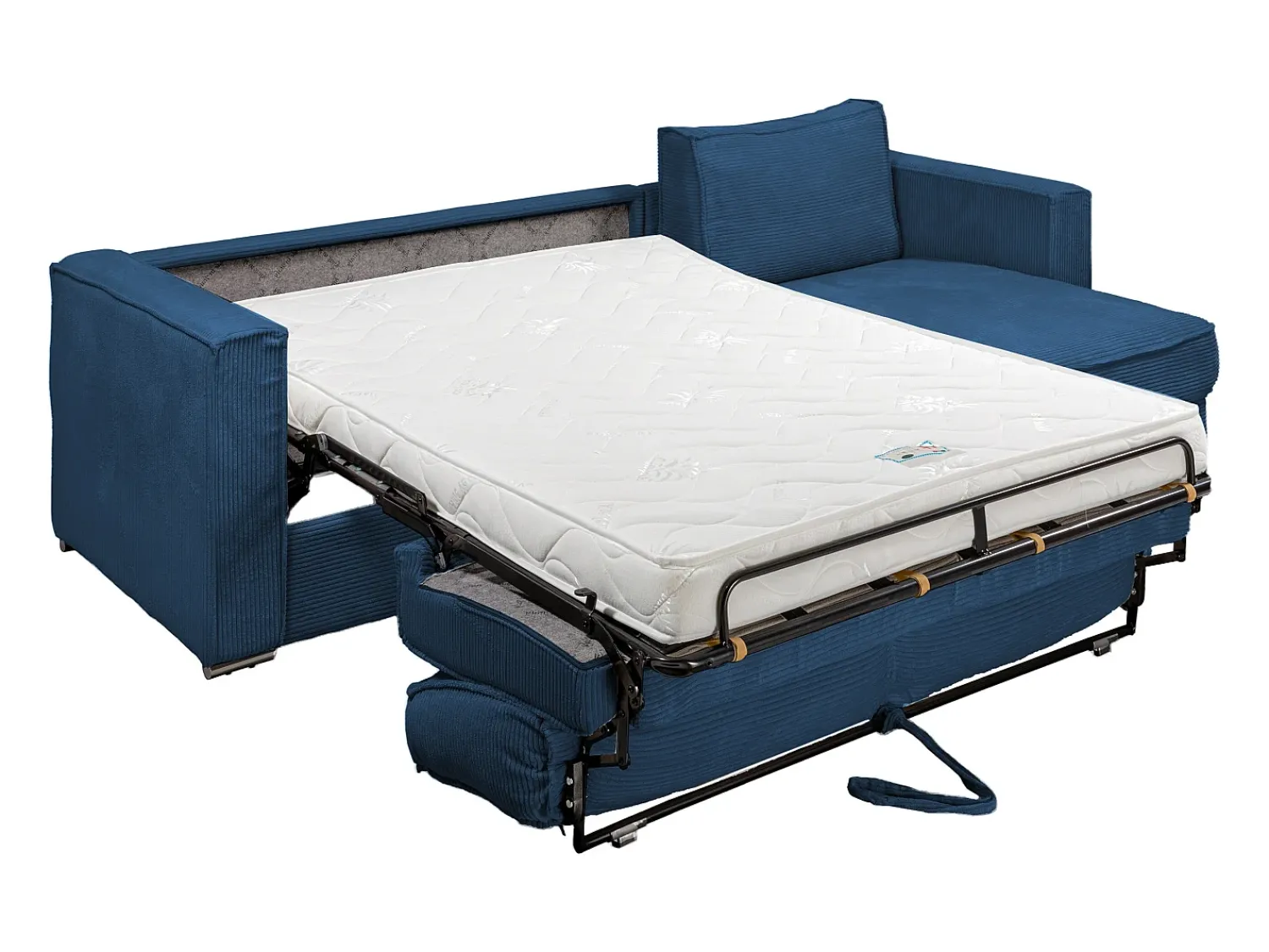 Sofá|Vente-unique Sofá canto convert. abert. rápida veludo canelado azul-escuro cama 140cm esp. 14 cm LORETO Azul escuro
