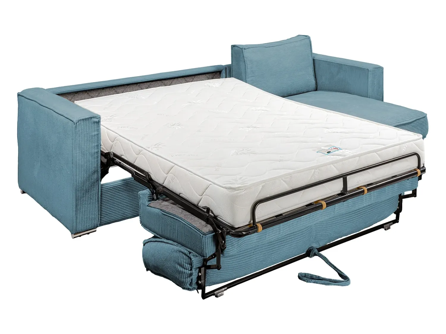 Sofá|Vente-unique Sofá canto convert. abert. ráp. veludo canel. azul-turquesa cama ripas largas 140cm LORETO Azul turquesa