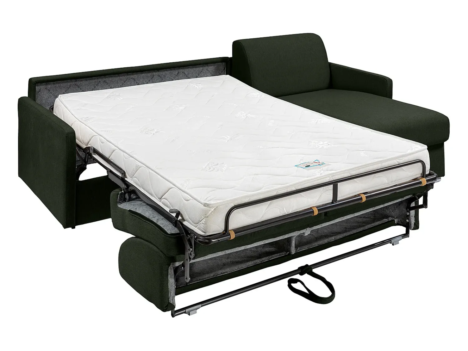 Clearance Vente-unique Sofá canto convertível abert. rápida tecido , cama 140cm e colchão 14cm CALIFE Verde pinho