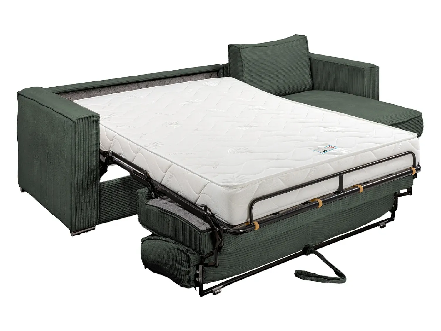 Sofá*Vente-unique Sofá canto convertível abert. rápida veludo canelado verde cama ripas largas 140cm LORETO Verde pinho