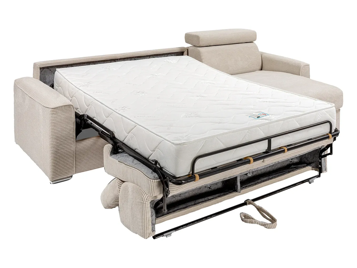 Sofá*Vente-unique Sofá canto convertível abert. rápida veludo canelado , cama ripas largas 160cm VIZIR Bege