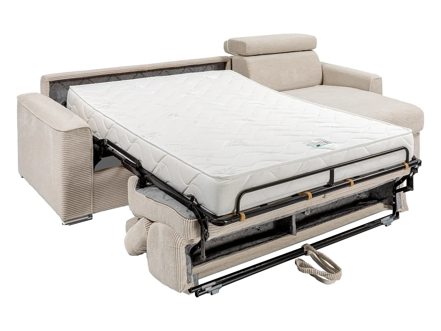 Sofá*Vente-unique Sofá canto convertível abert. rápida veludo canelado , cama ripas largas 140cm VIZIR Bege