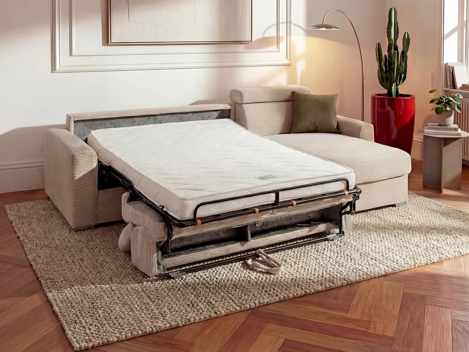 Sofá*Vente-unique Sofá canto convertível abert. rápida veludo canelado , cama ripas largas 140cm VIZIR Bege