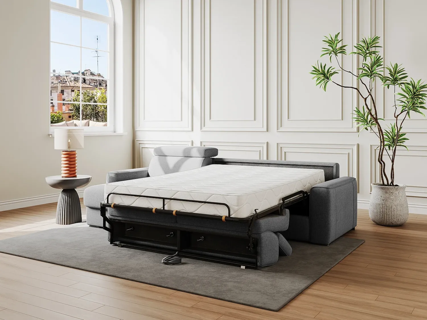 Vente-unique Sofá canto reversível convertível abert. rápida tecido bege, cama 140 cm, esp. 22 cm VIZIR Cinza antracite